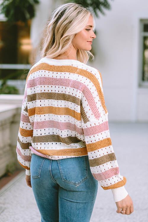 Openwork Striped Round Neck Long Sleeve Knit Top