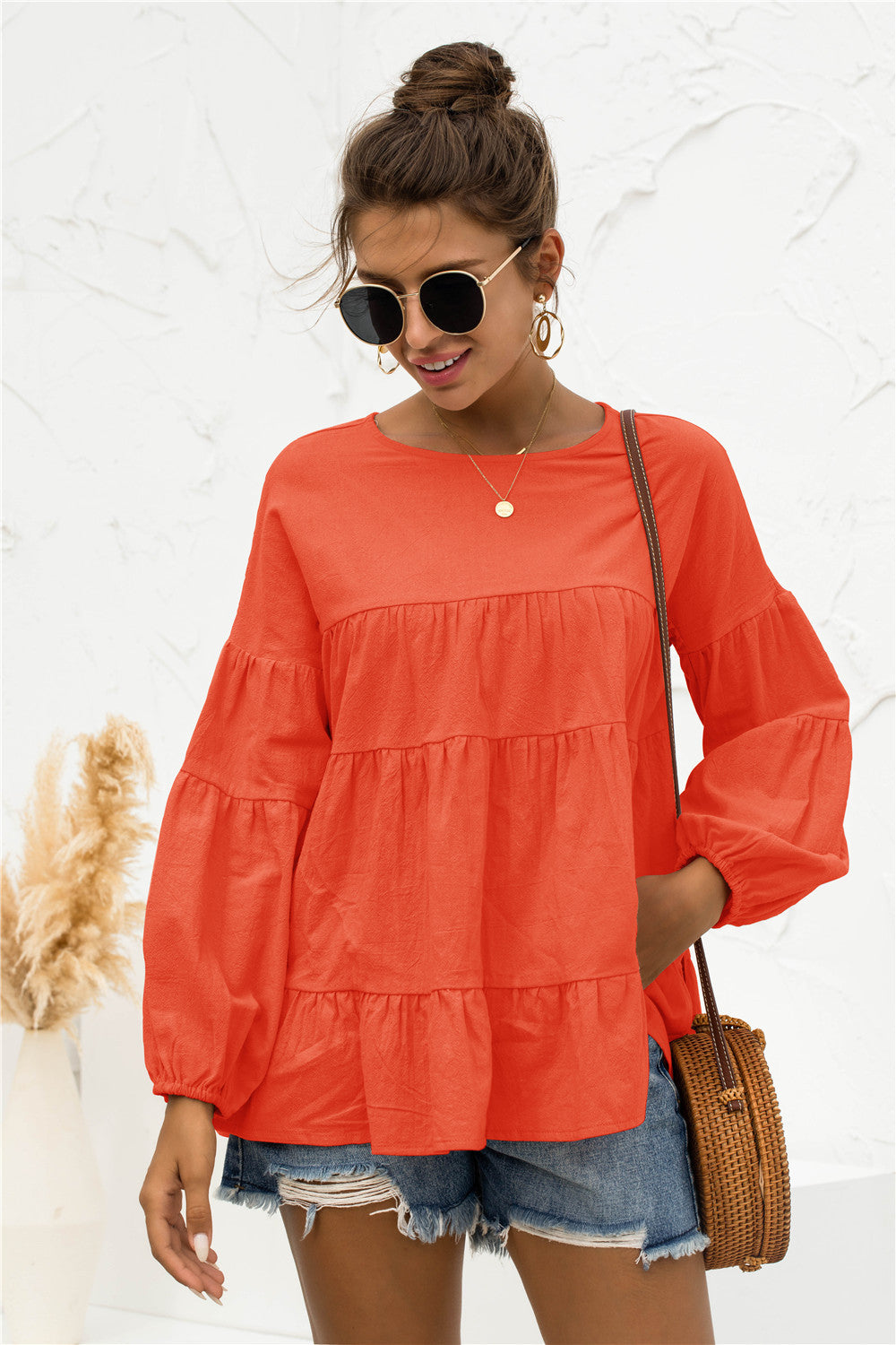 Round Neck Bubble Sleeve Tiered Blouse