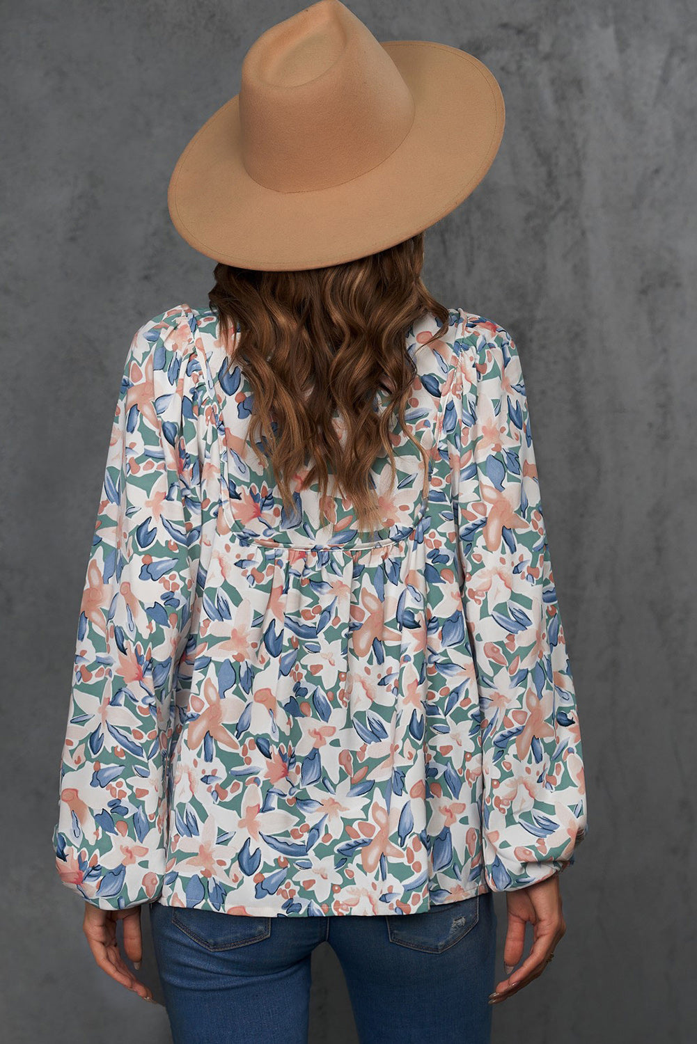 Floral Tie-Neck Long Balloon Sleeve Blouse