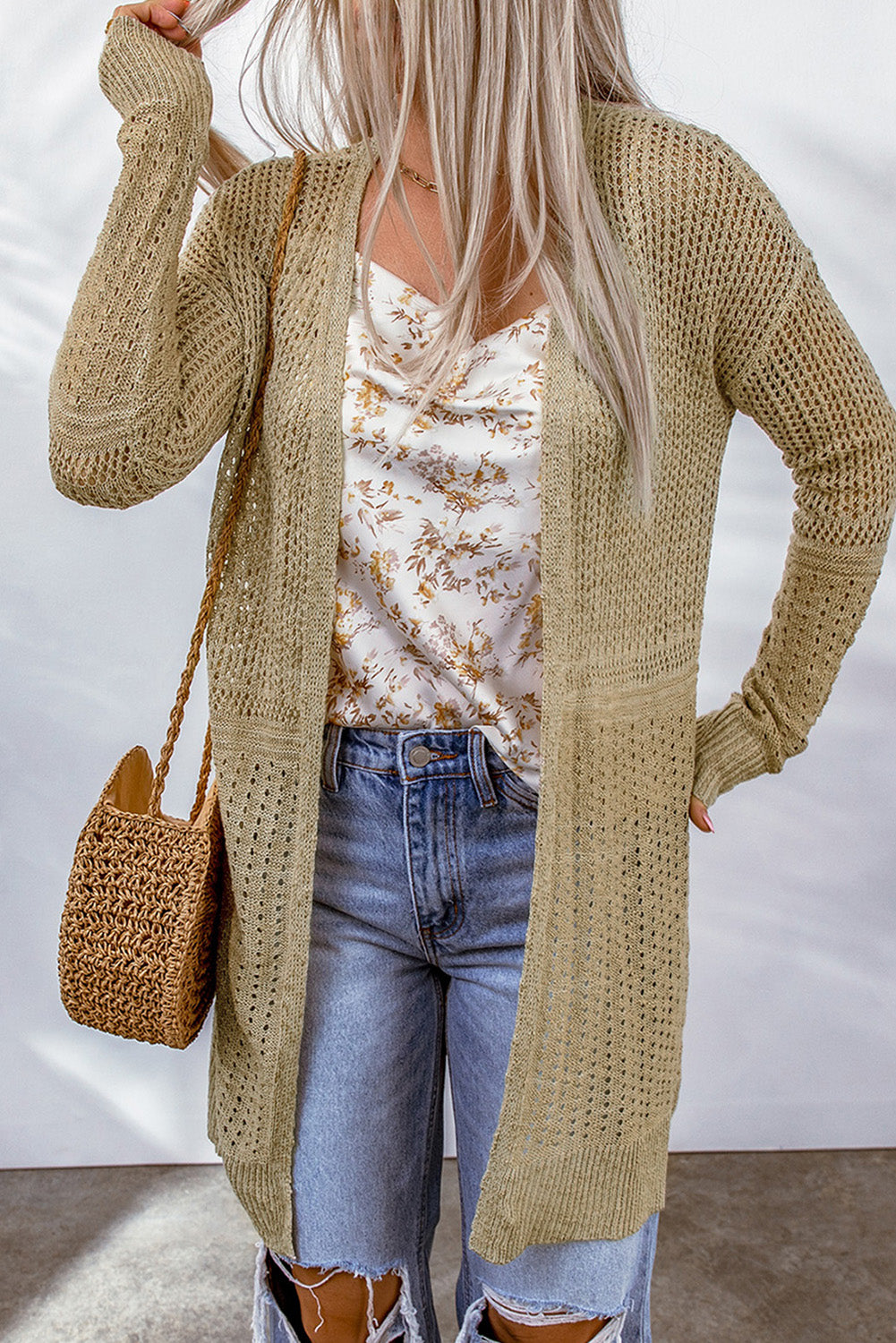 Openwork Dropped Shoulder Open Front Cardigan