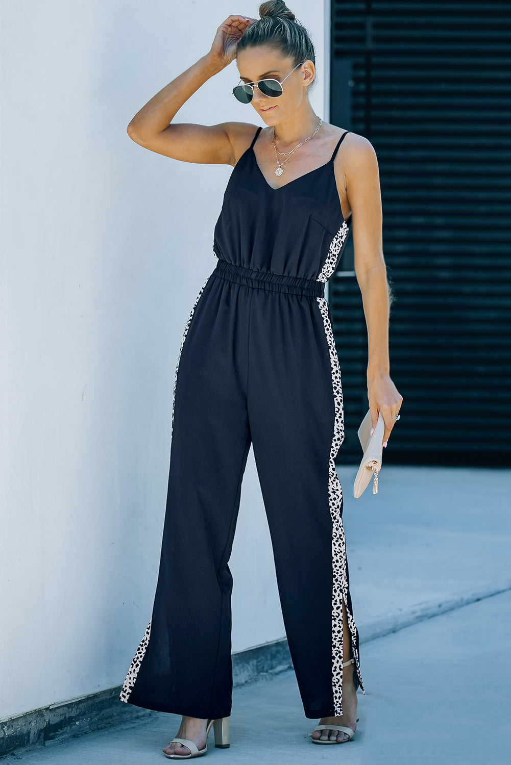 Leopard Contrast Spaghetti Strap Wide Leg Jumpsuit