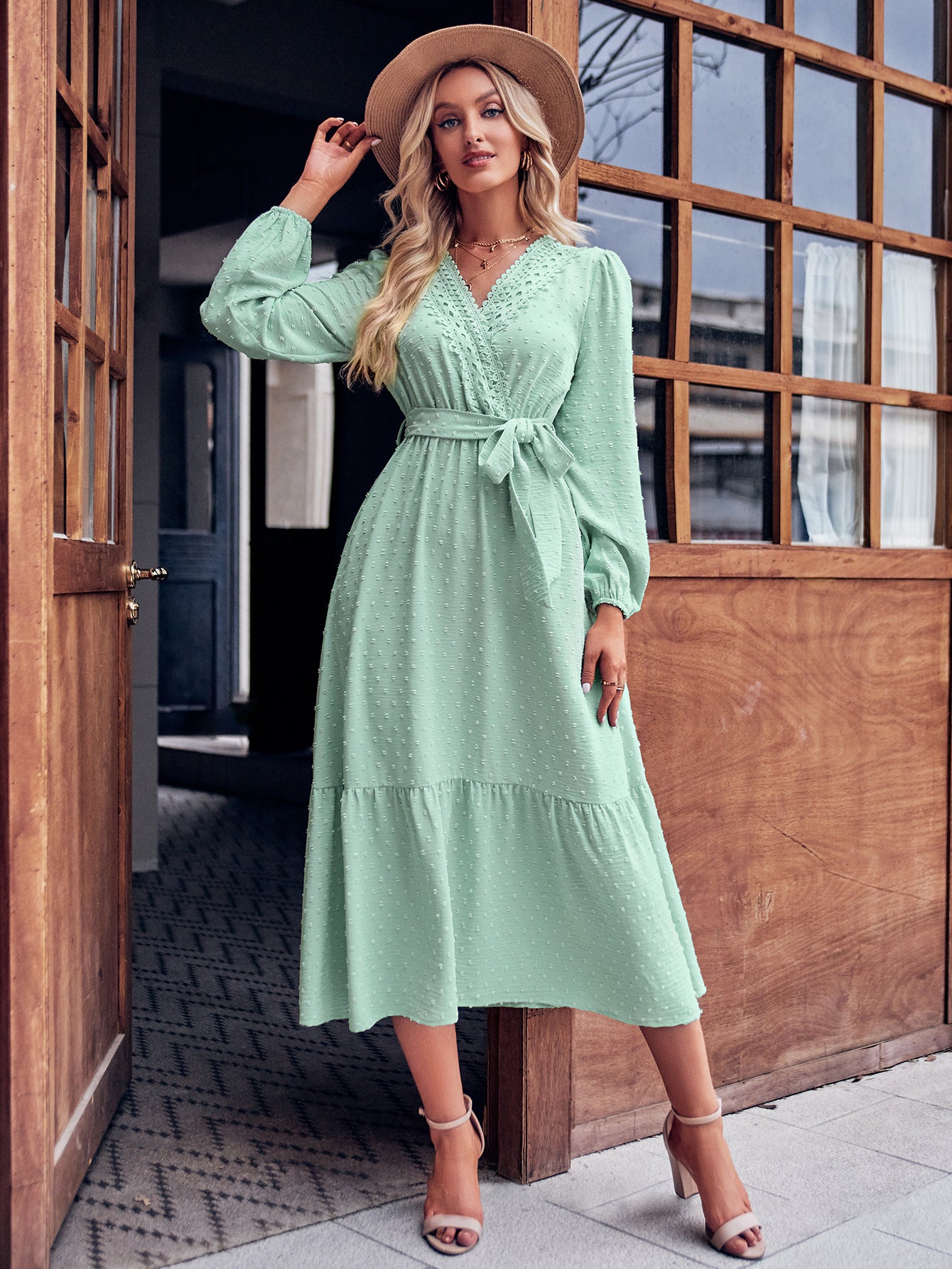 Swiss Dot Belted Surplice Puff Sleeve Midi Dress