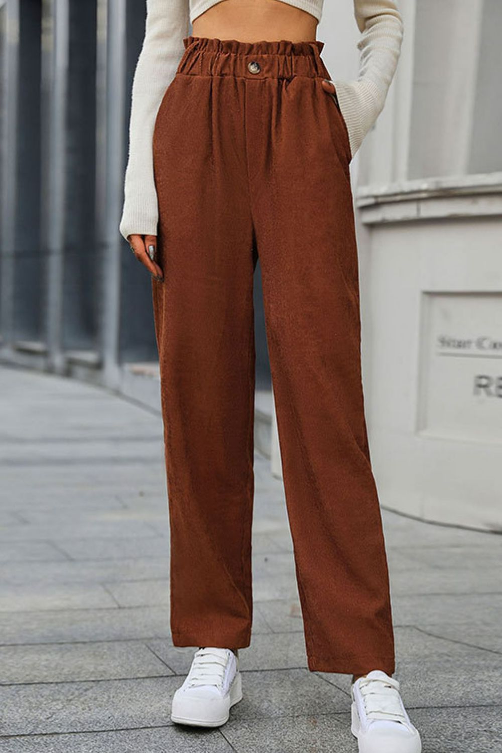 Paperbag Waist Straight Leg Pants with Pockets