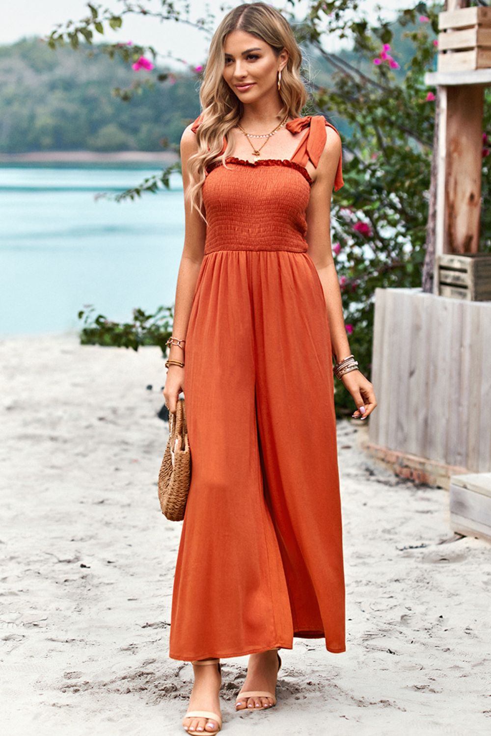 Frill Trim Tie Shoulder Wide Leg Jumpsuit with Pockets