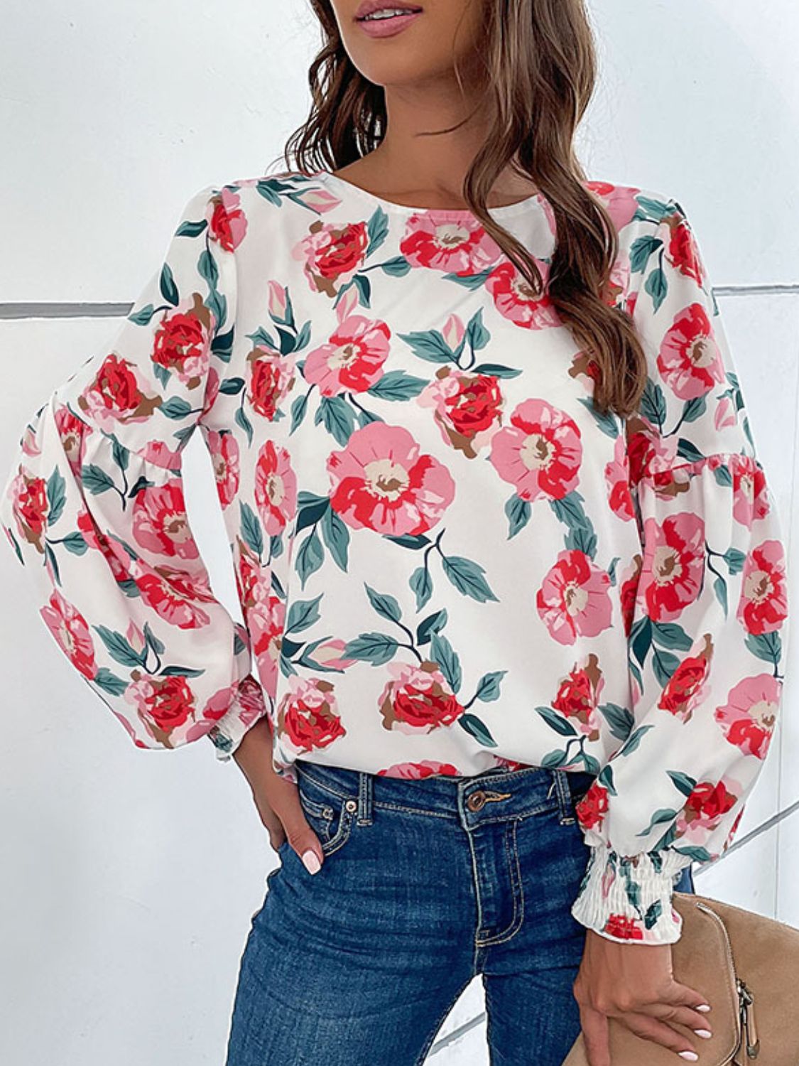 Floral Long Puff Sleeve Round Neck Blouse