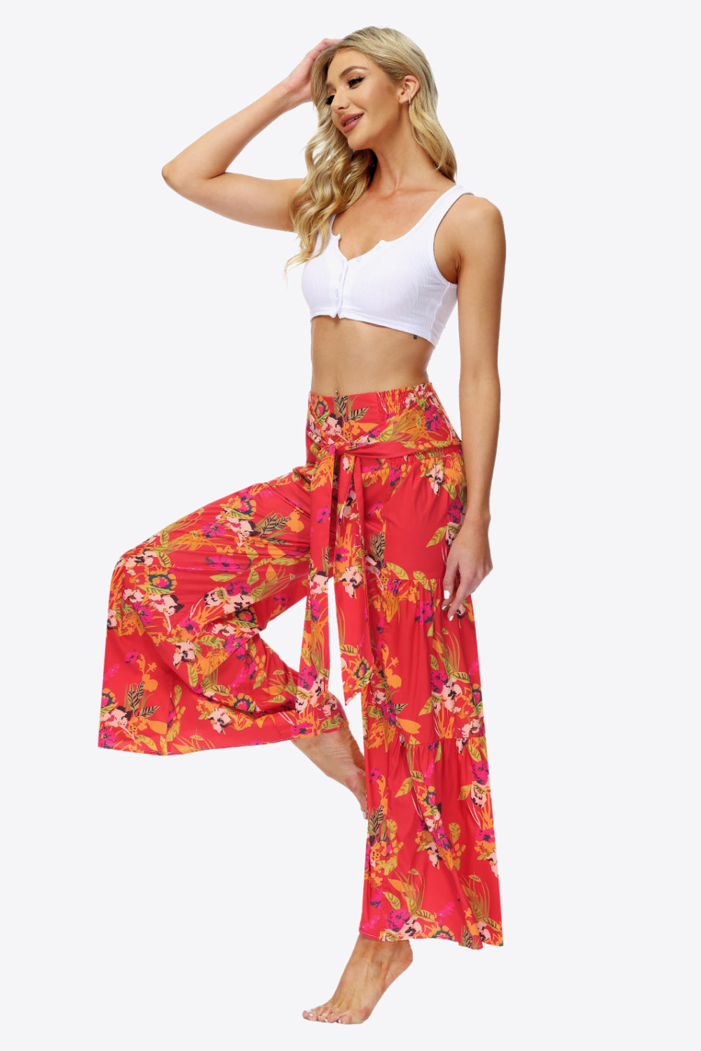 Floral Tie-Waist Tiered Culottes