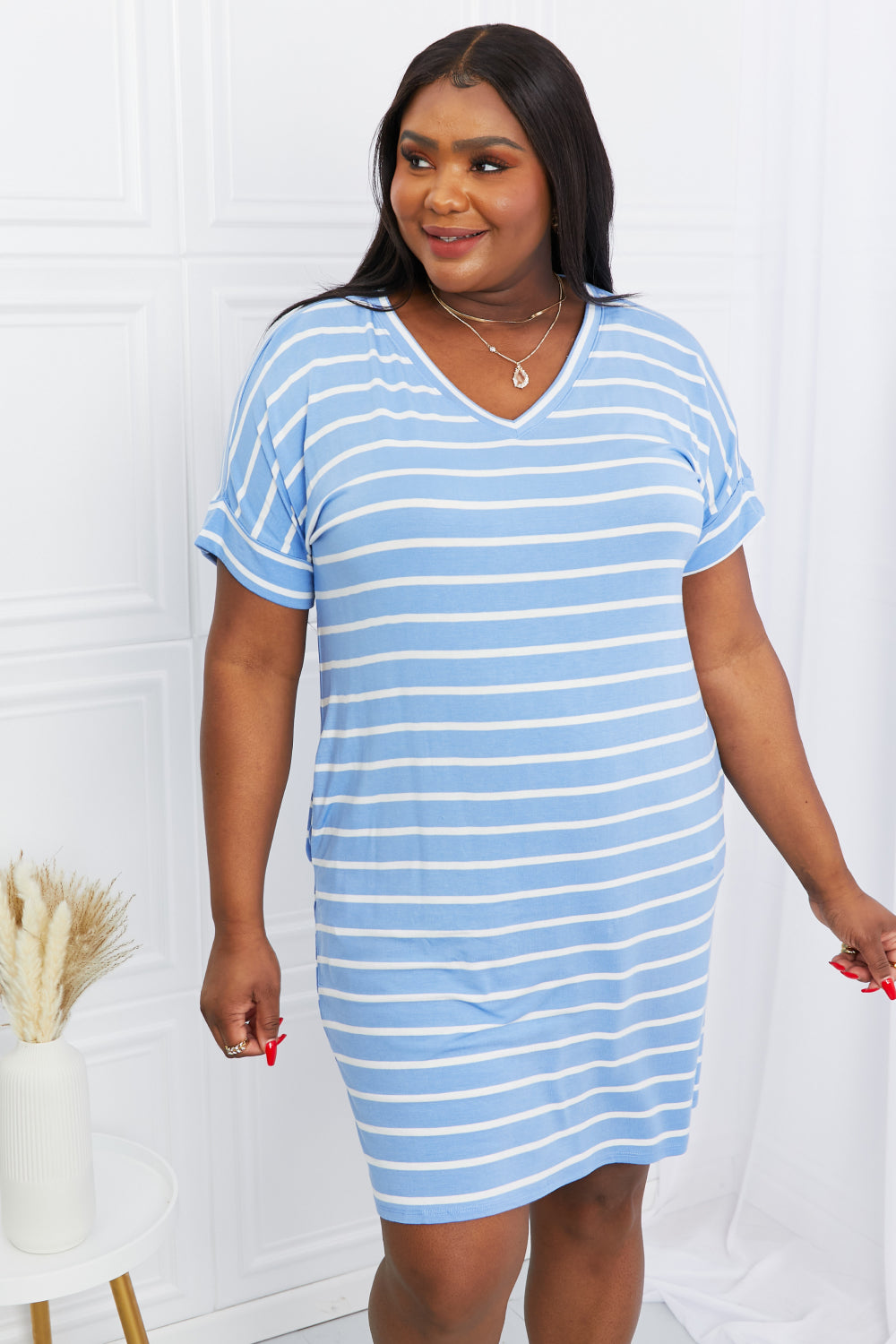 Zenana Full Size Striped V-Neck Pocket Dress in Spring Blue