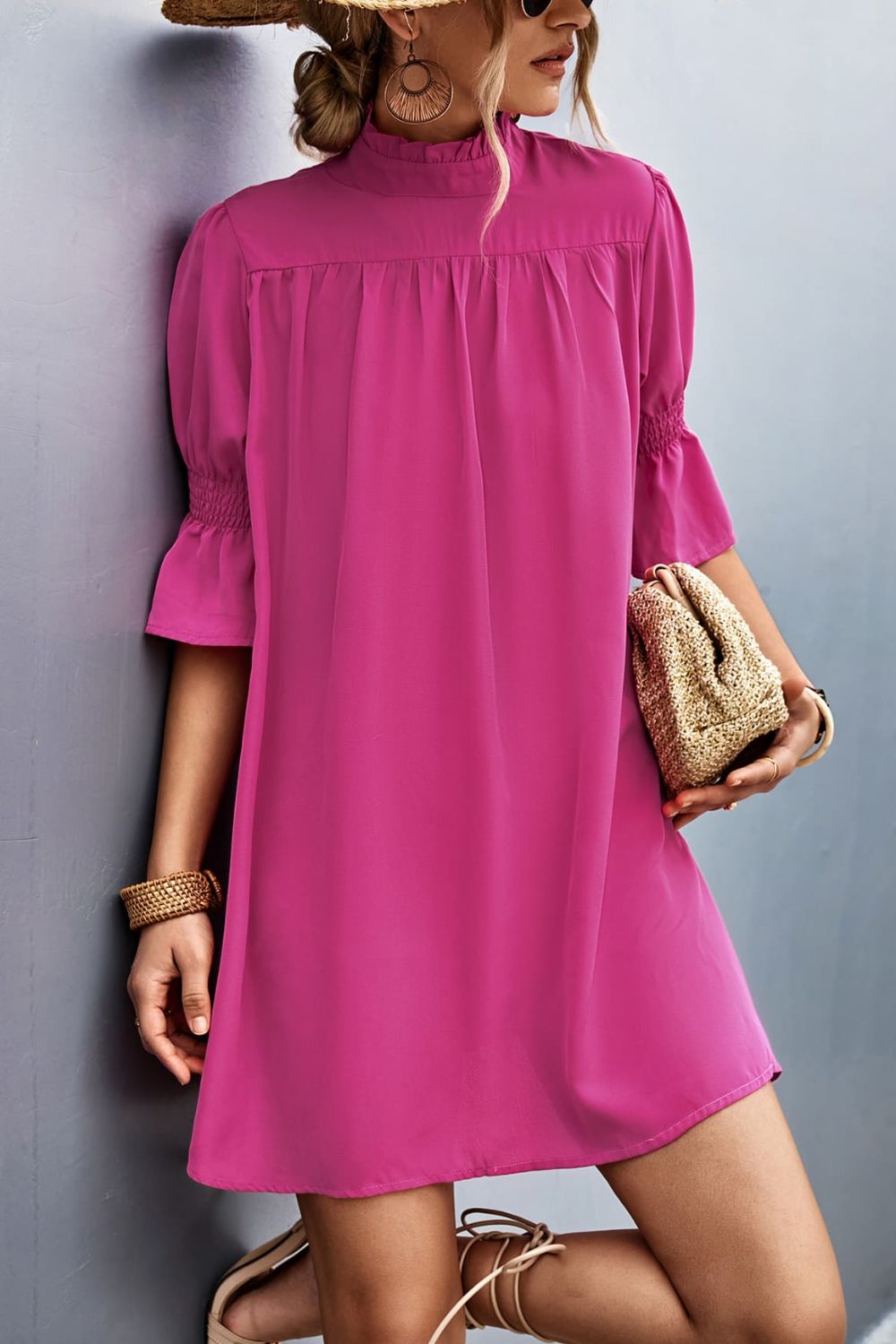 Frill Neck Flounce Sleeve Dress