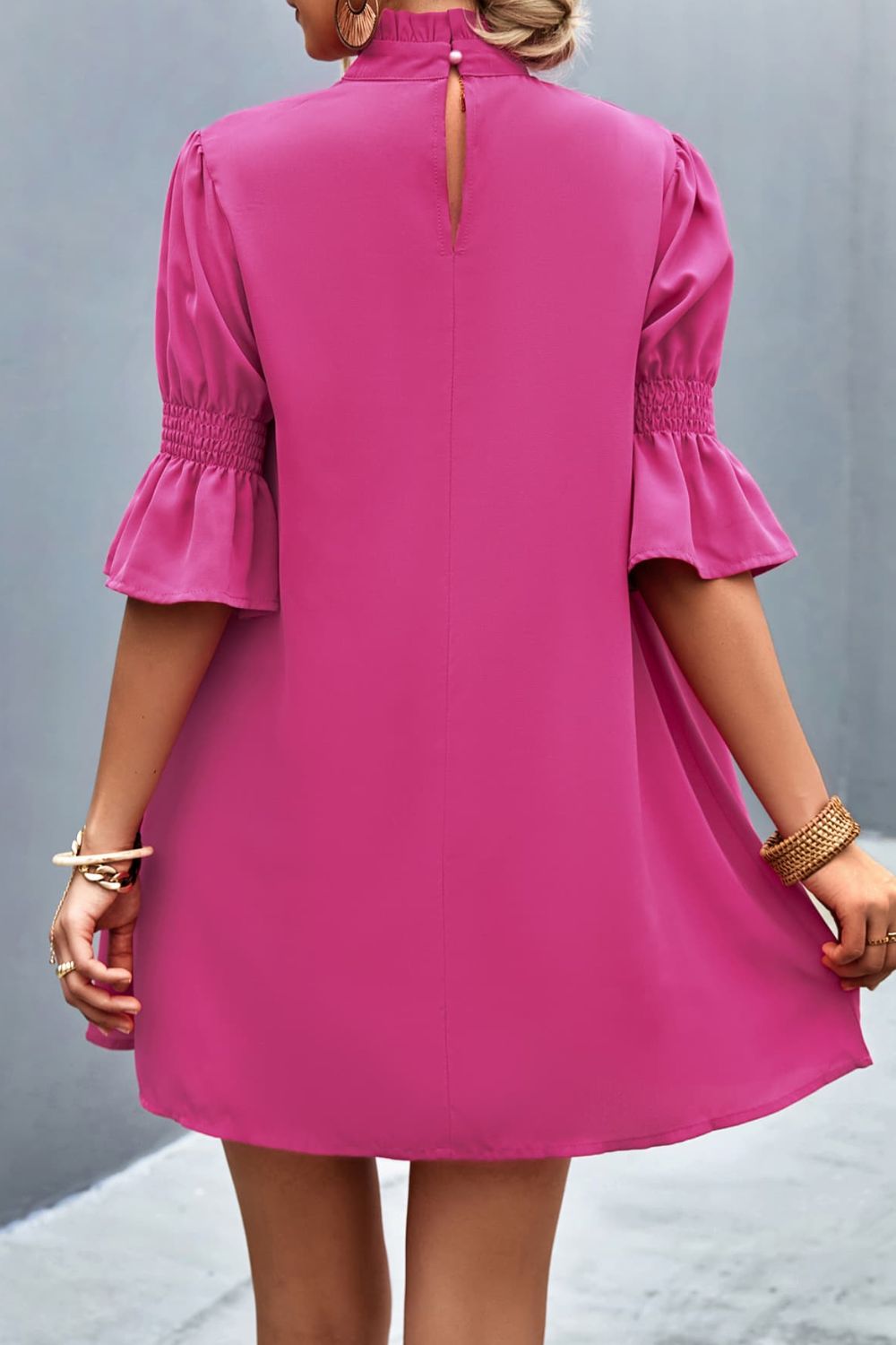 Frill Neck Flounce Sleeve Dress