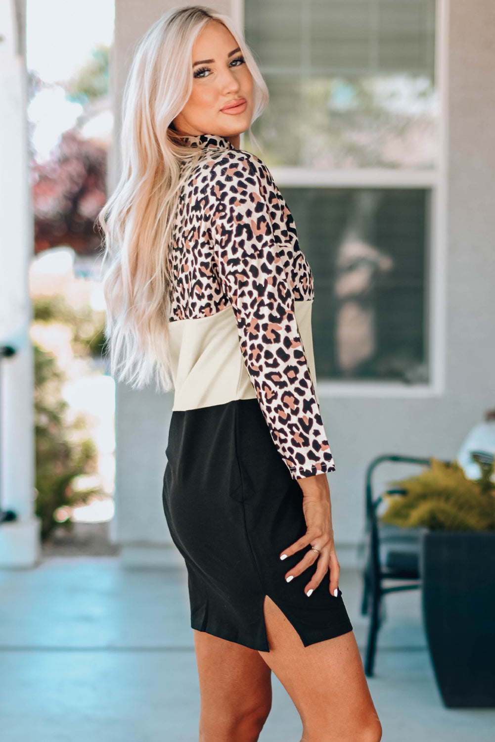 Leopard Color Block Cold-Shoulder Side Slit Dress