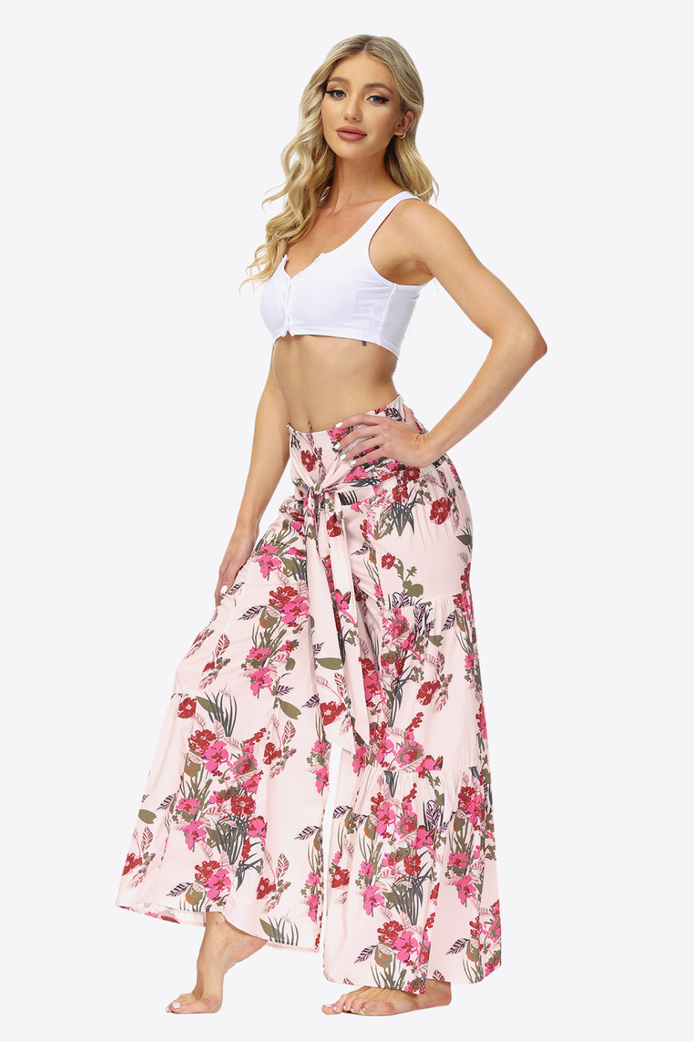 Floral Tie-Waist Tiered Culottes