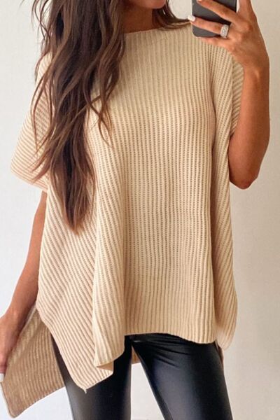 Waffle-Knit Slit Short Sleeve Sweater