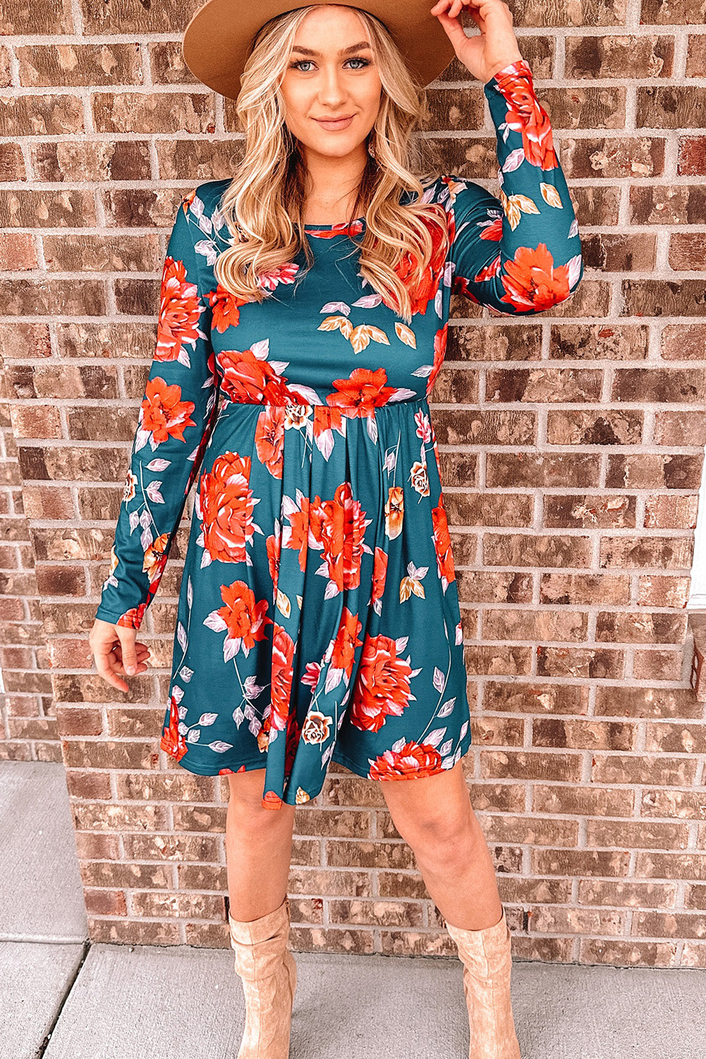 Floral Long Sleeve Pleated Detail Dress