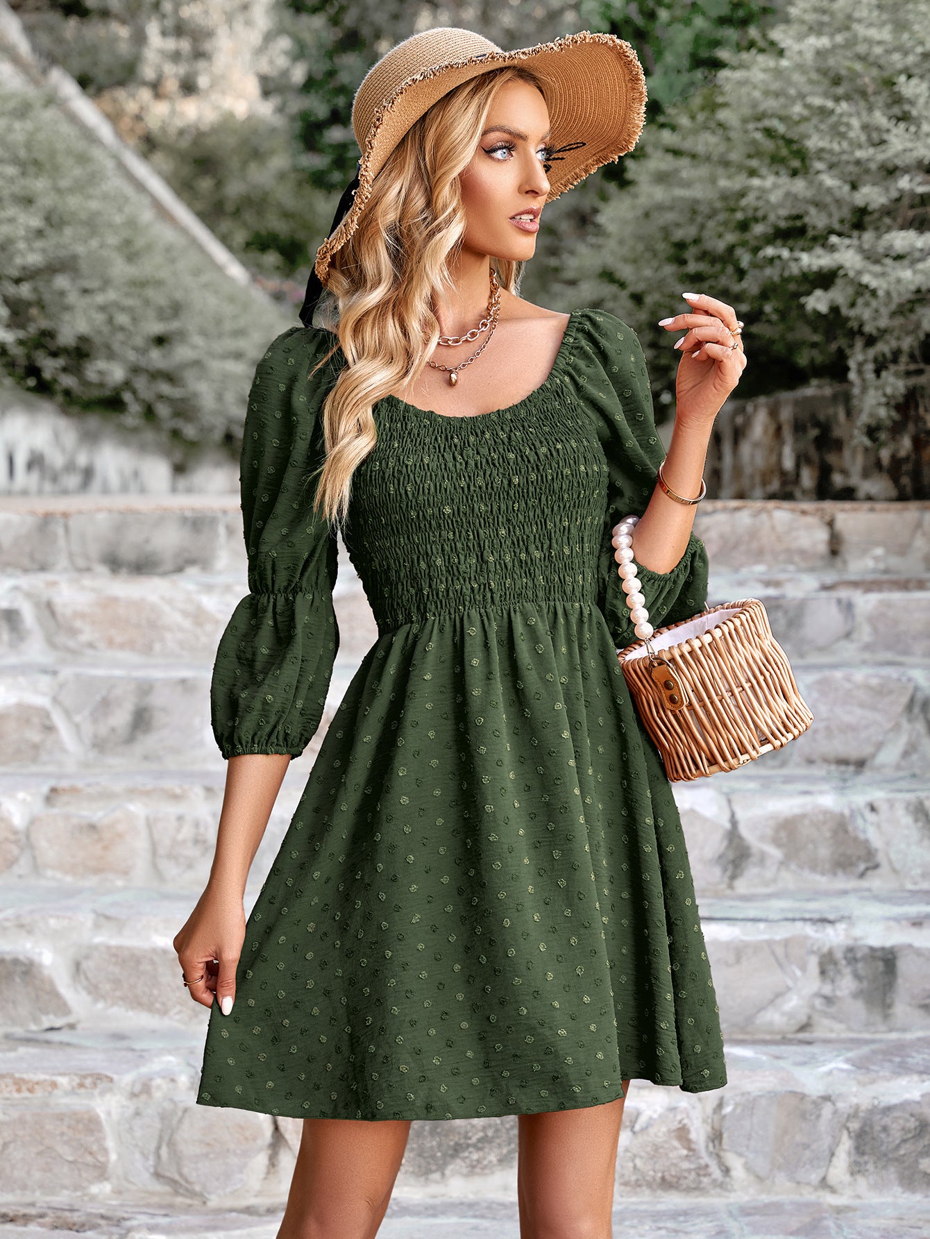 Swiss Dot Smocked Scoop Neck Dress