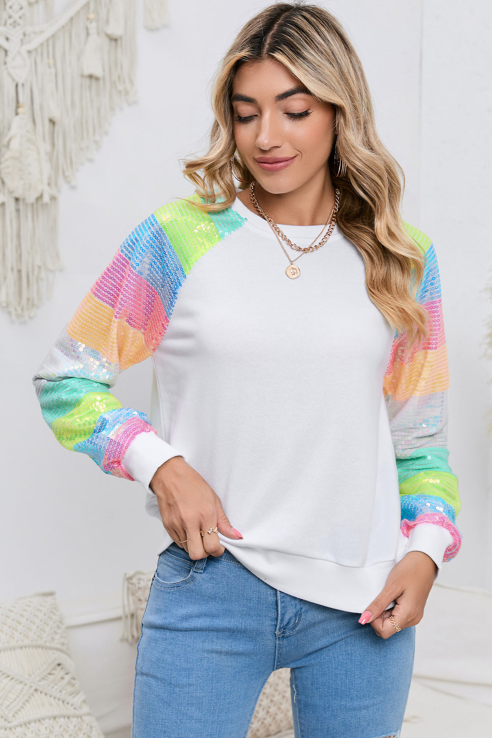 Round Neck Color Block Glitter Sleeve Sweatshirt