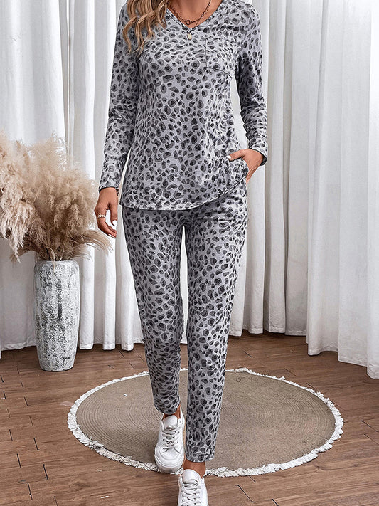 Leopard Print Long Sleeve Top and Pants Set