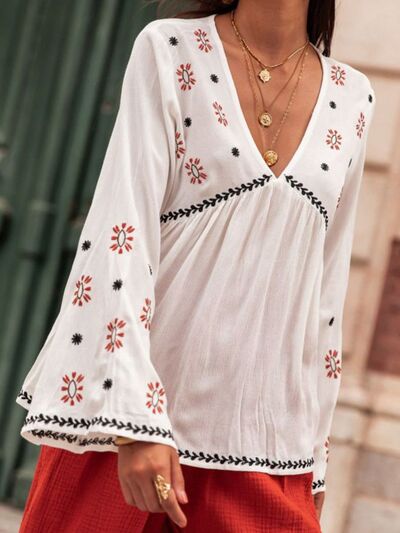 Embroidered V-Neck Long Sleeve Blouse