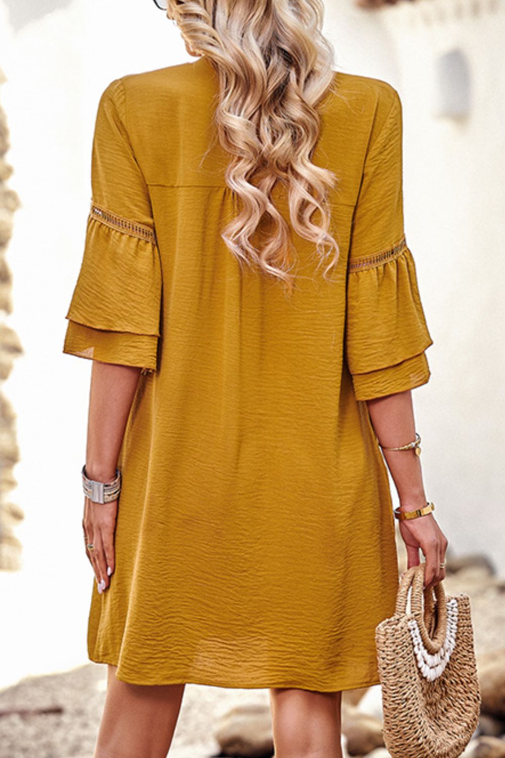 Notched Neck Flare Sleeve Pocket Dress