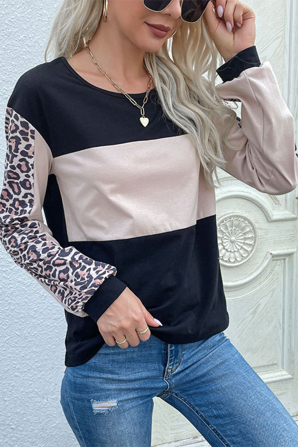 Leopard Color Block Long Sleeve Sweatshirt