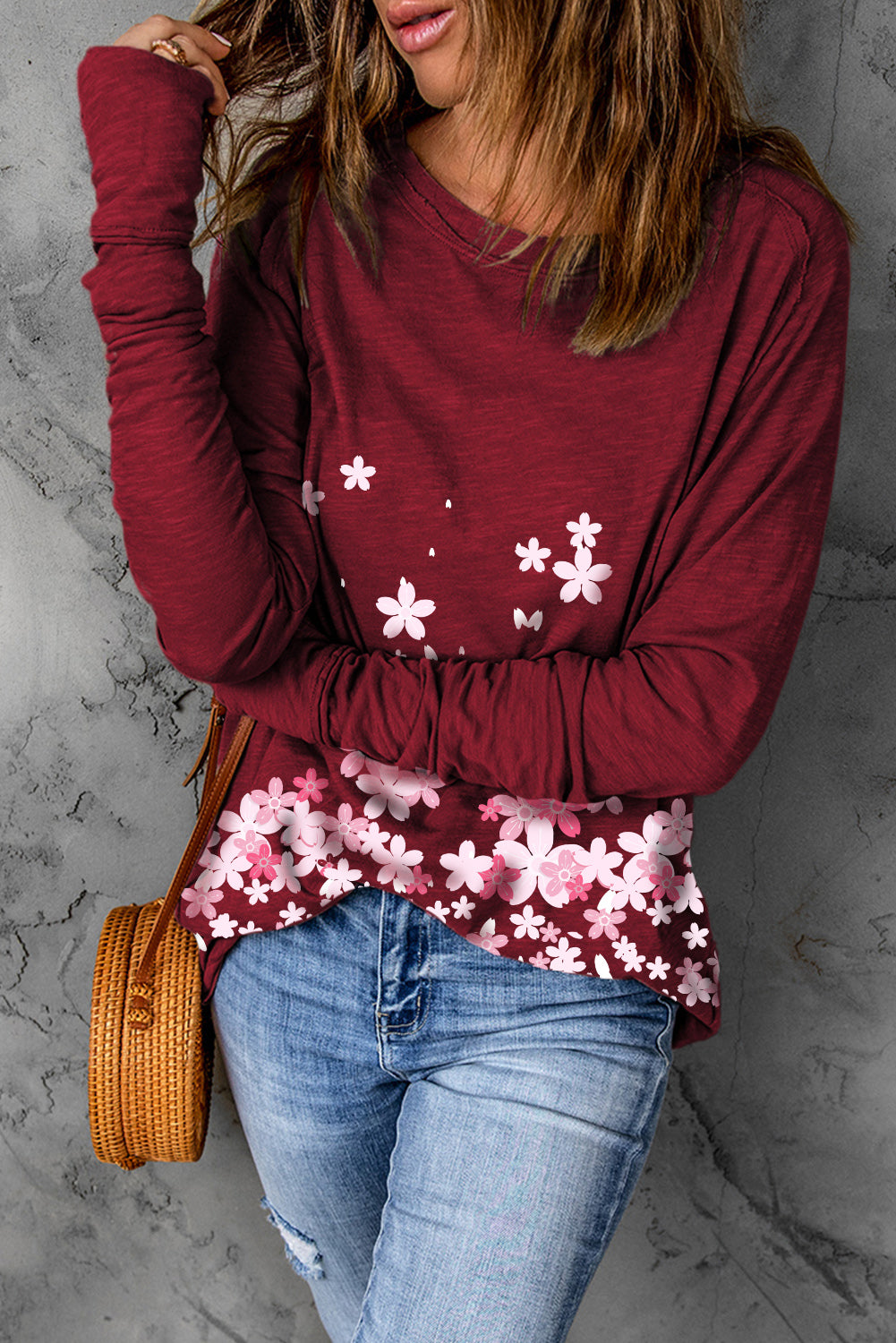 Floral Round Neck Thumbhole Sleeve Top