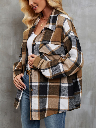 Plaid Button Up Dropped Shoulder Outerwear