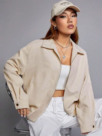 Zip Up Dropped Shoulder Cropped Jacket