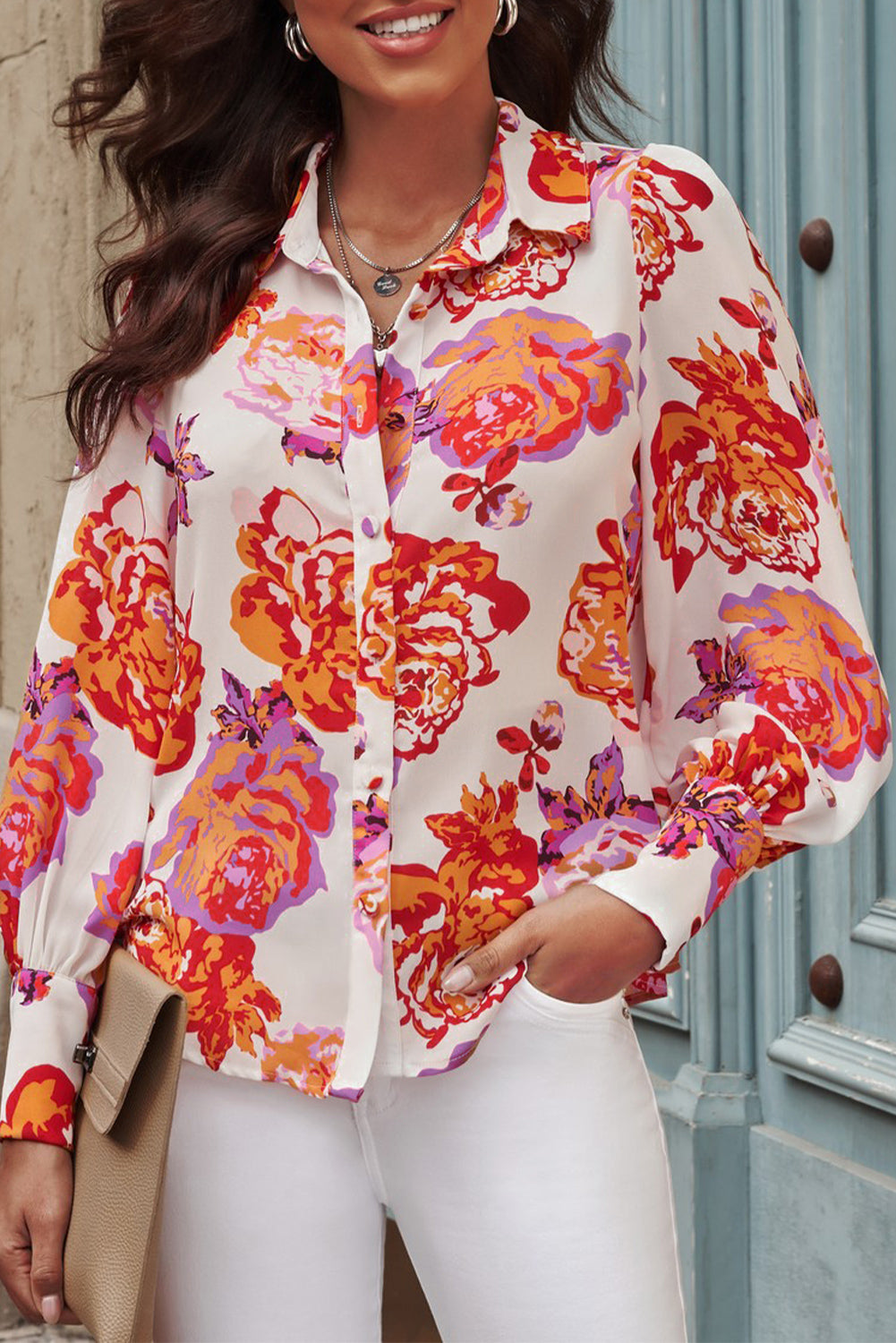 Printed Bishop Sleeve Collared Shirt