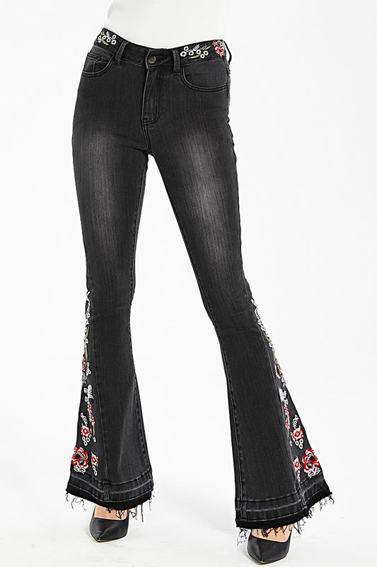 Full Size Raw Hem Flower Embroidery Jeans
