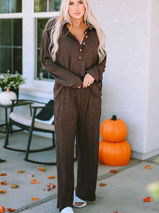 Buttoned Long Sleeve Top and Long Pants Lounge Set