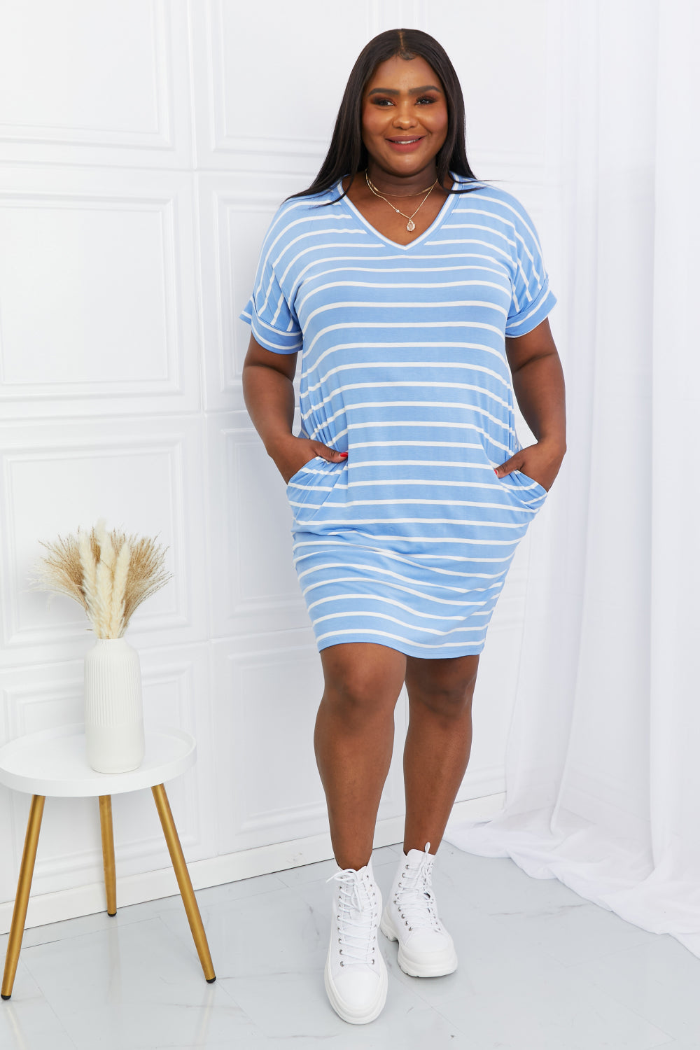 Zenana Full Size Striped V-Neck Pocket Dress in Spring Blue