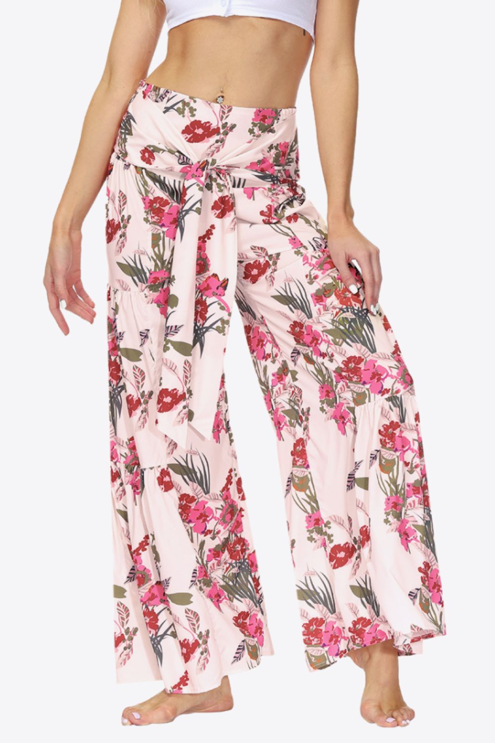 Floral Tie-Waist Tiered Culottes